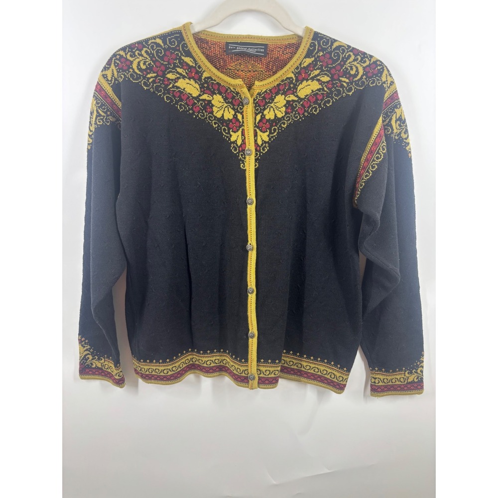 Dale of Norway Merino Wool Silk Cardigan Sweater Black Gold Floral Nordic M